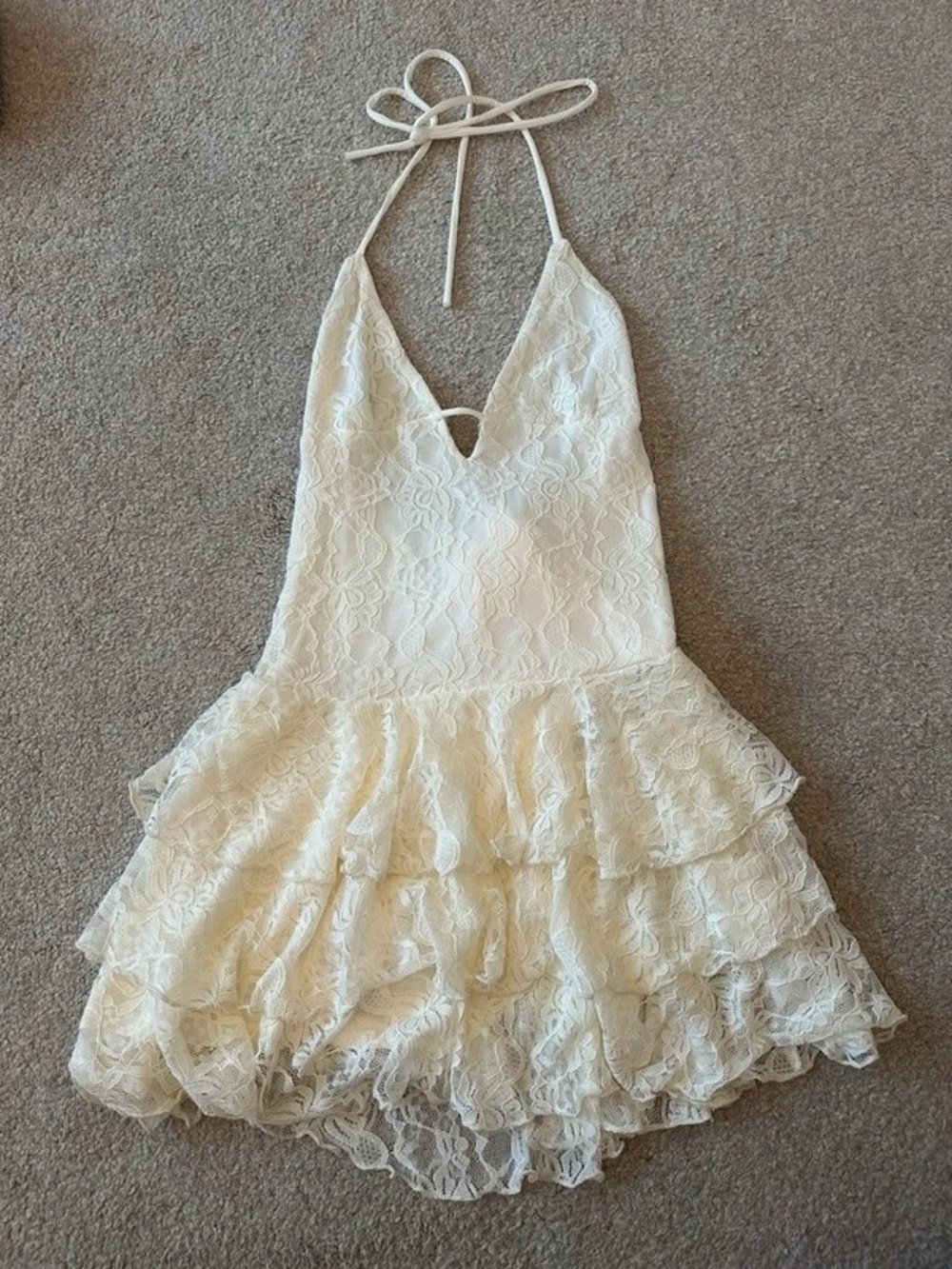 Cream Lace Halter Midi Dress with Tiered Ruffle Skirt